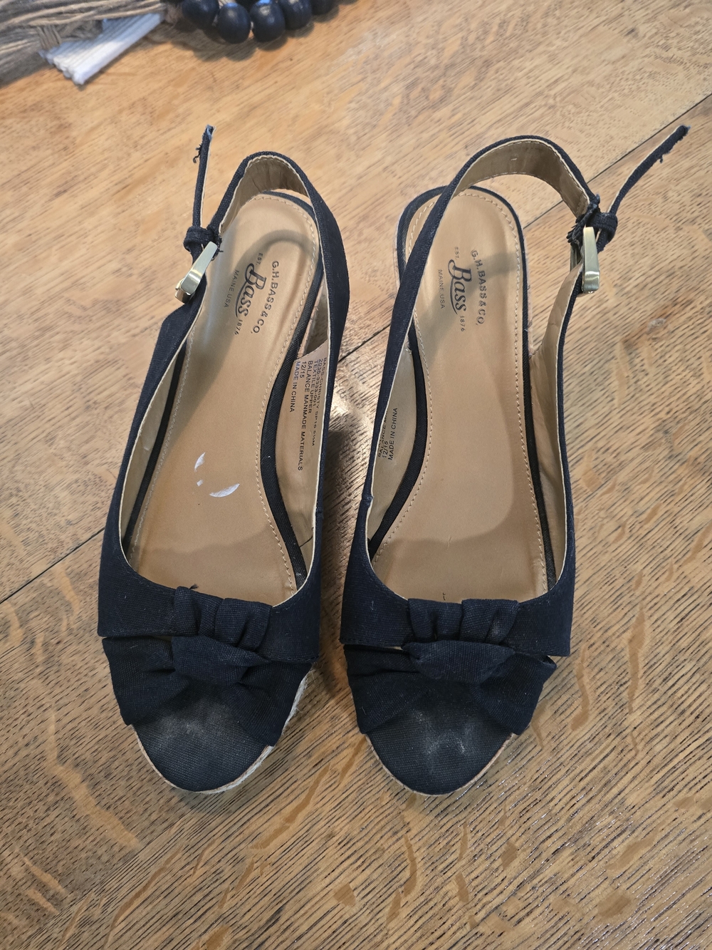 Bass Black Peep-Toe Slingback Wedges with Bow